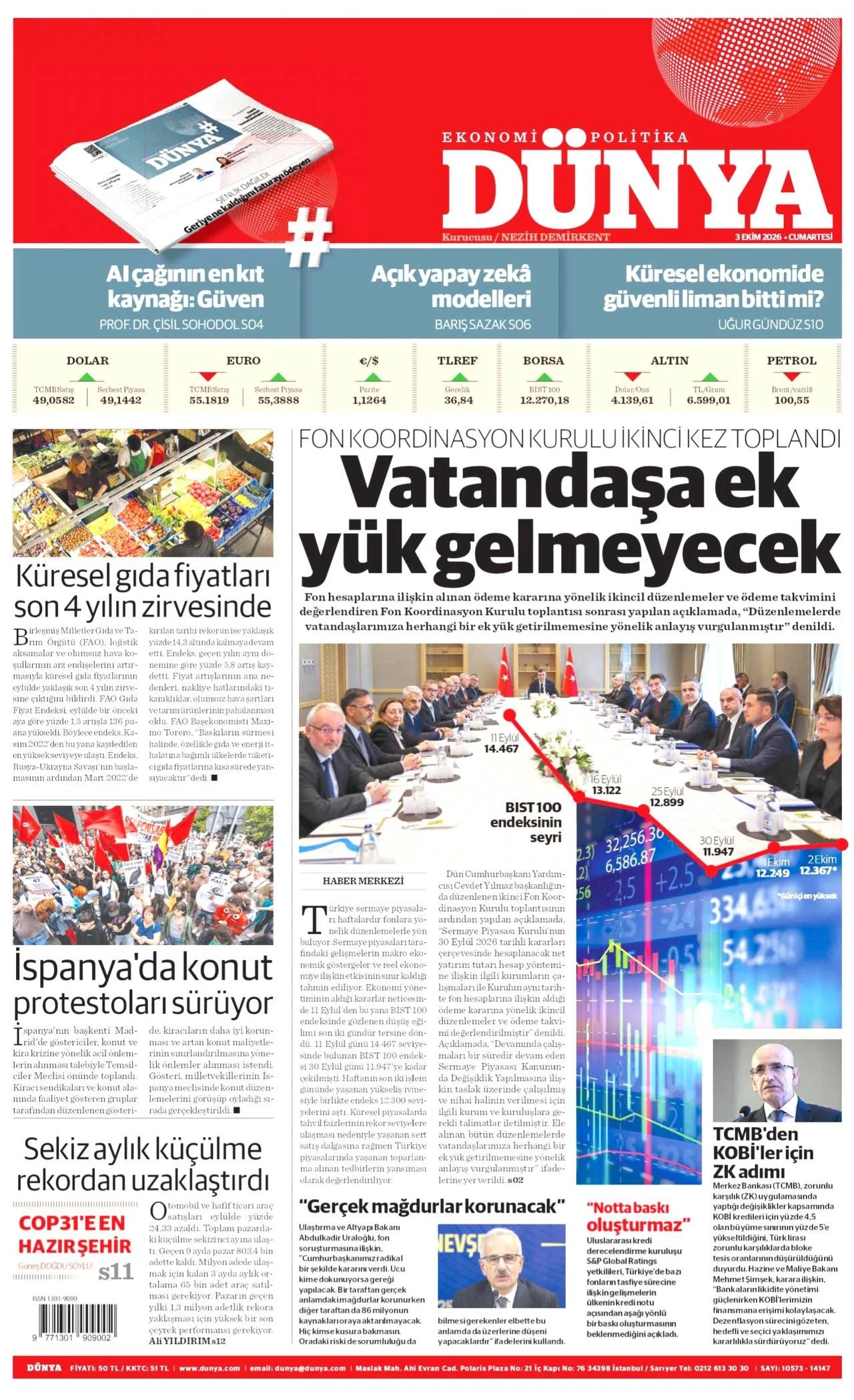 Dünya Gazetesi birinci sayfası - 3 Ekim 2026