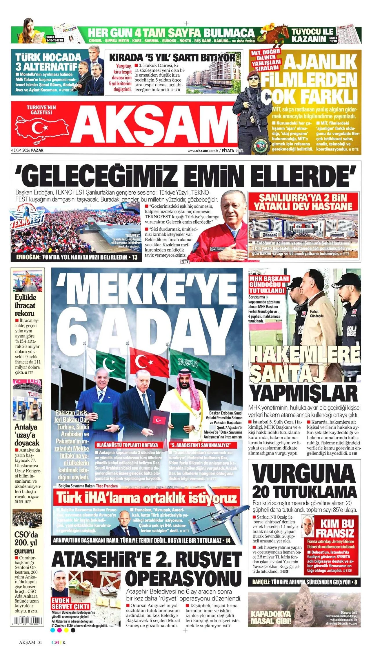 Akşam Gazetesi birinci sayfası - 4 Ekim 2026