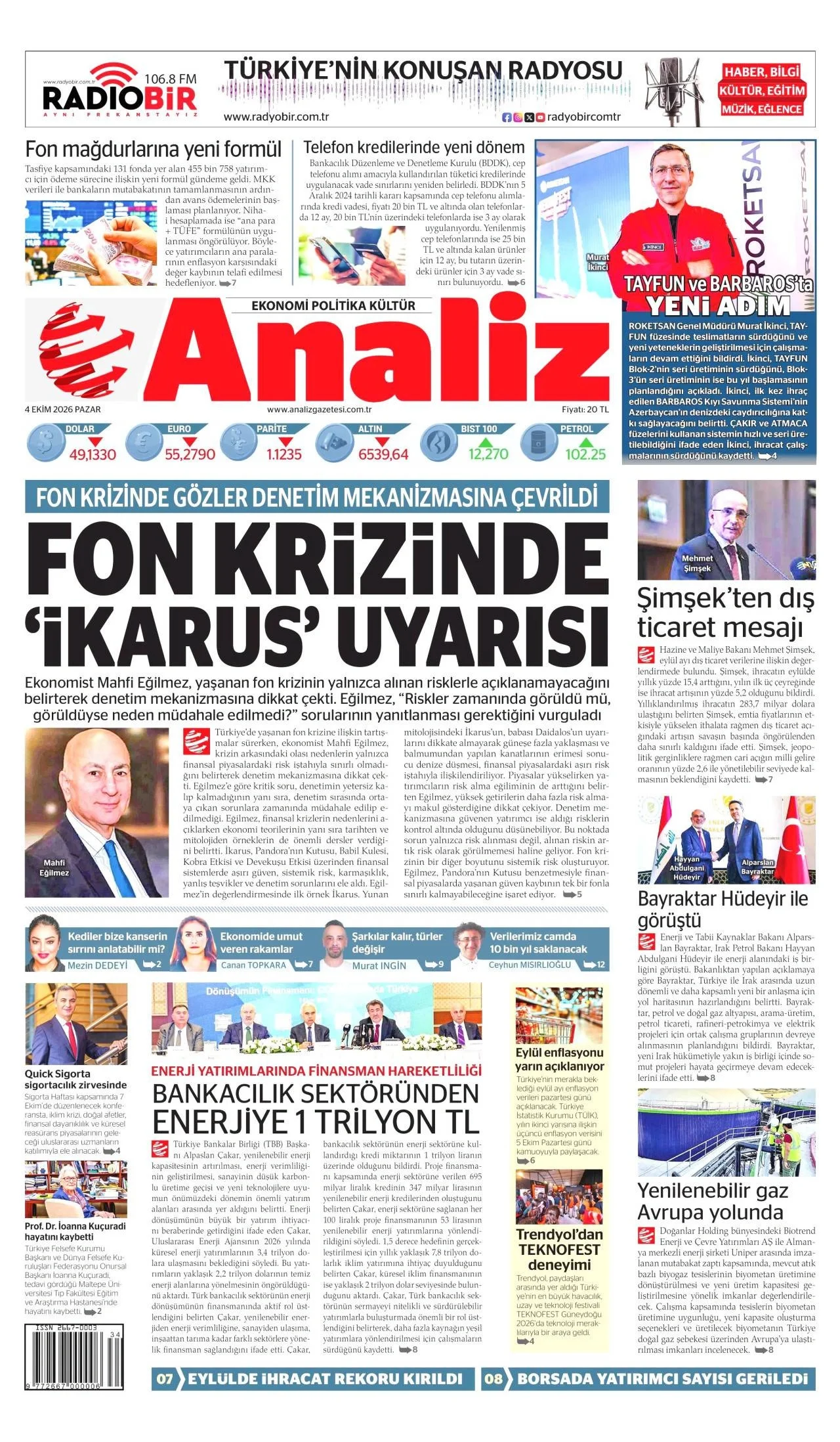 Analiz Gazetesi birinci sayfası - 4 Ekim 2026