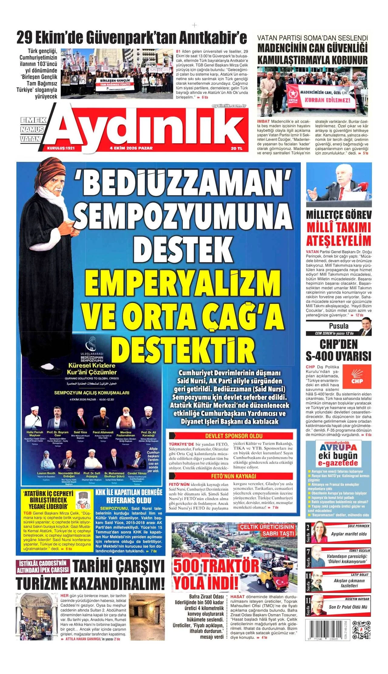 Aydınlık Gazetesi birinci sayfası - 4 Ekim 2026