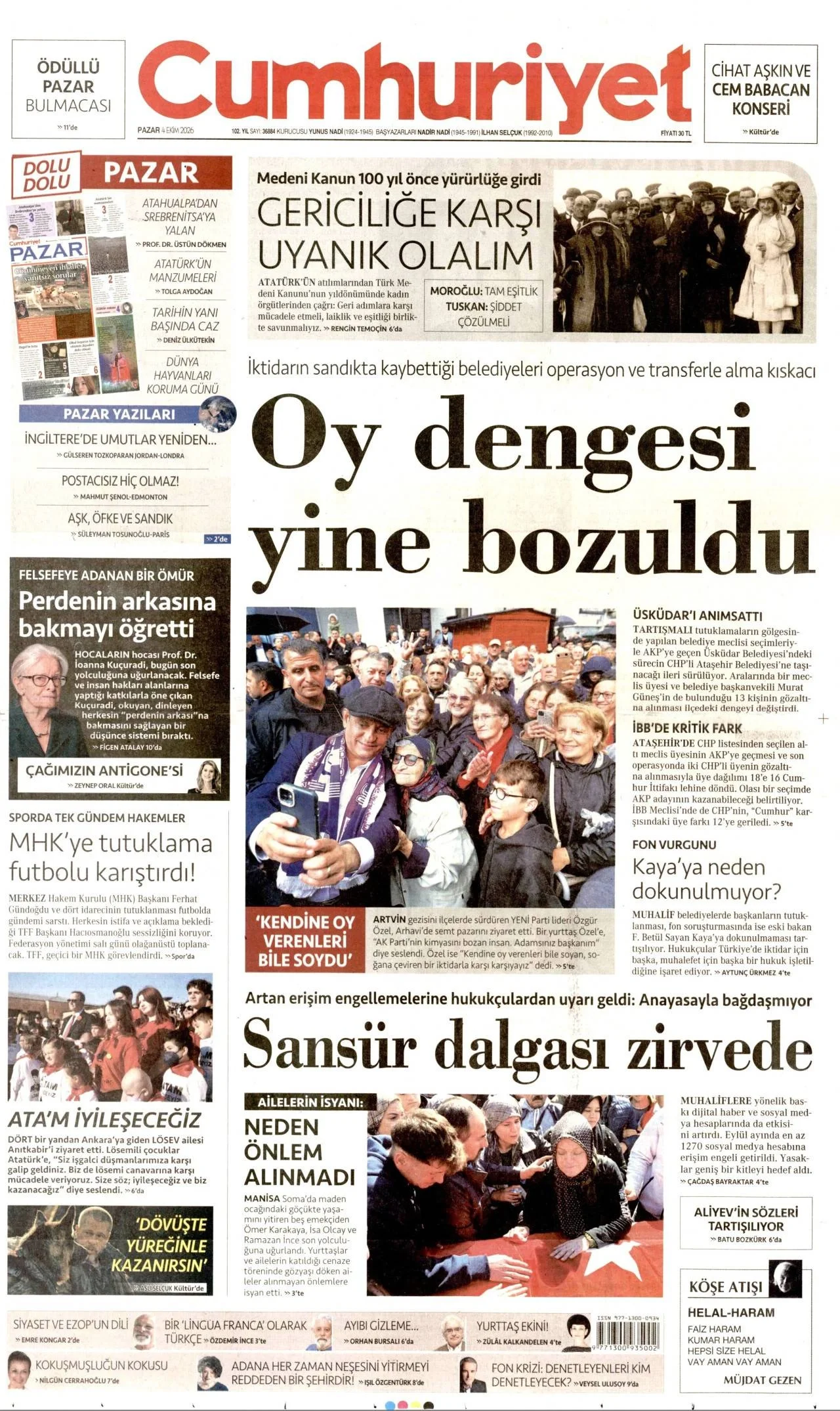 Cumhuriyet Gazetesi birinci sayfası - 4 Ekim 2026