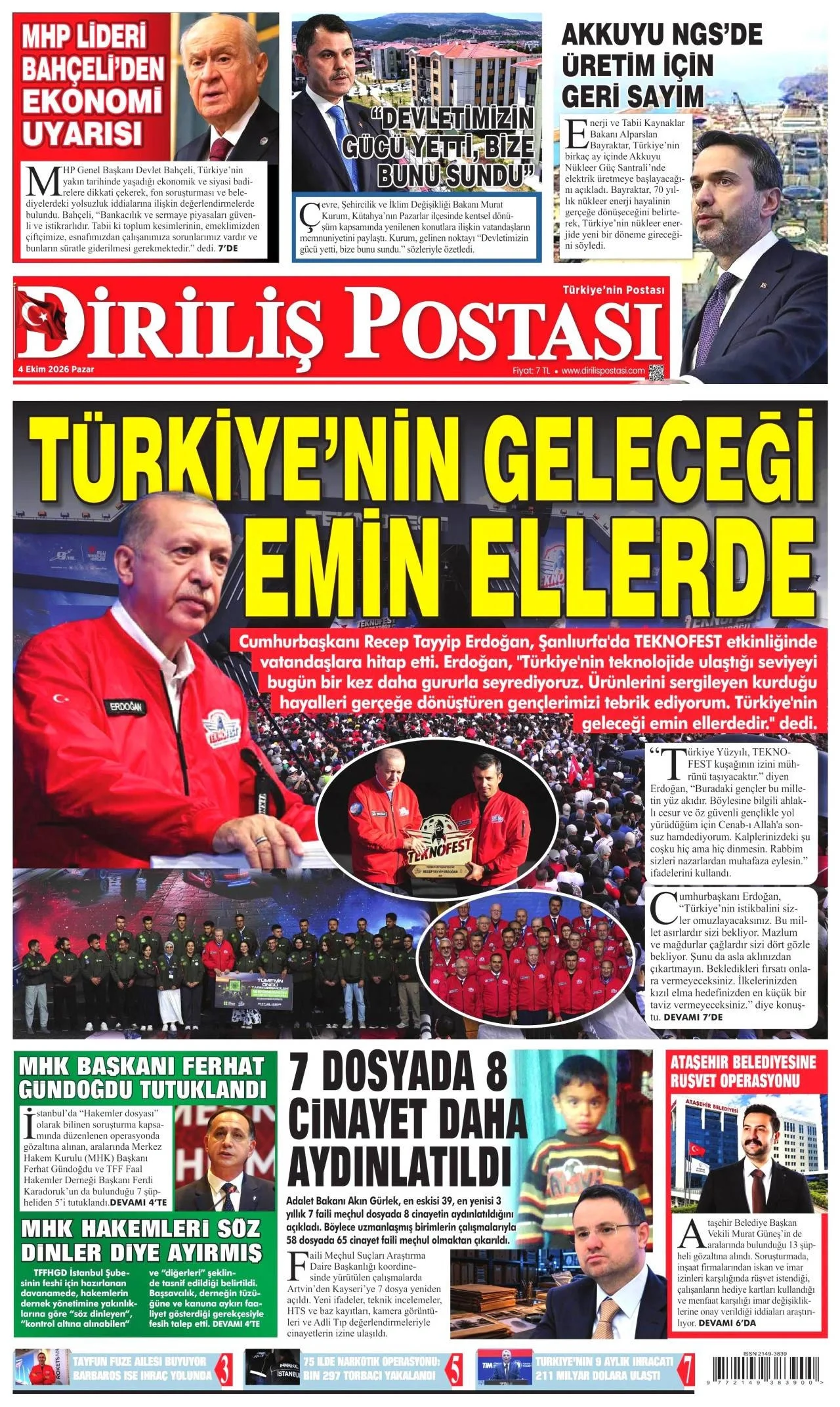 Diriliş Postası Gazetesi birinci sayfası - 4 Ekim 2026