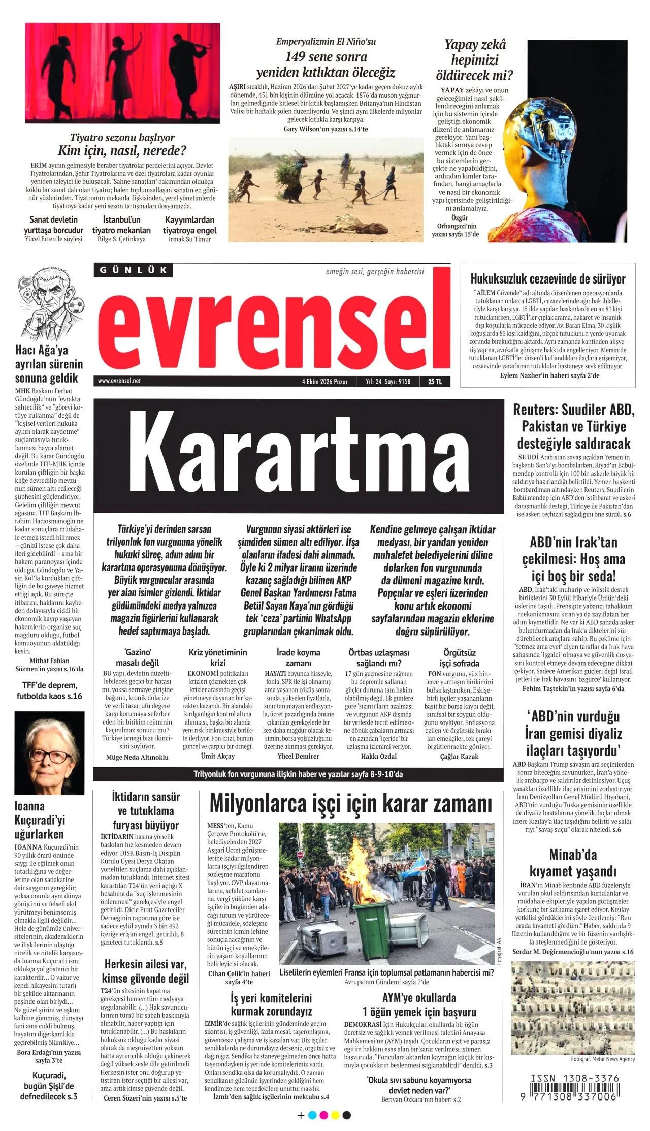Evrensel Gazetesi birinci sayfası - 4 Ekim 2026