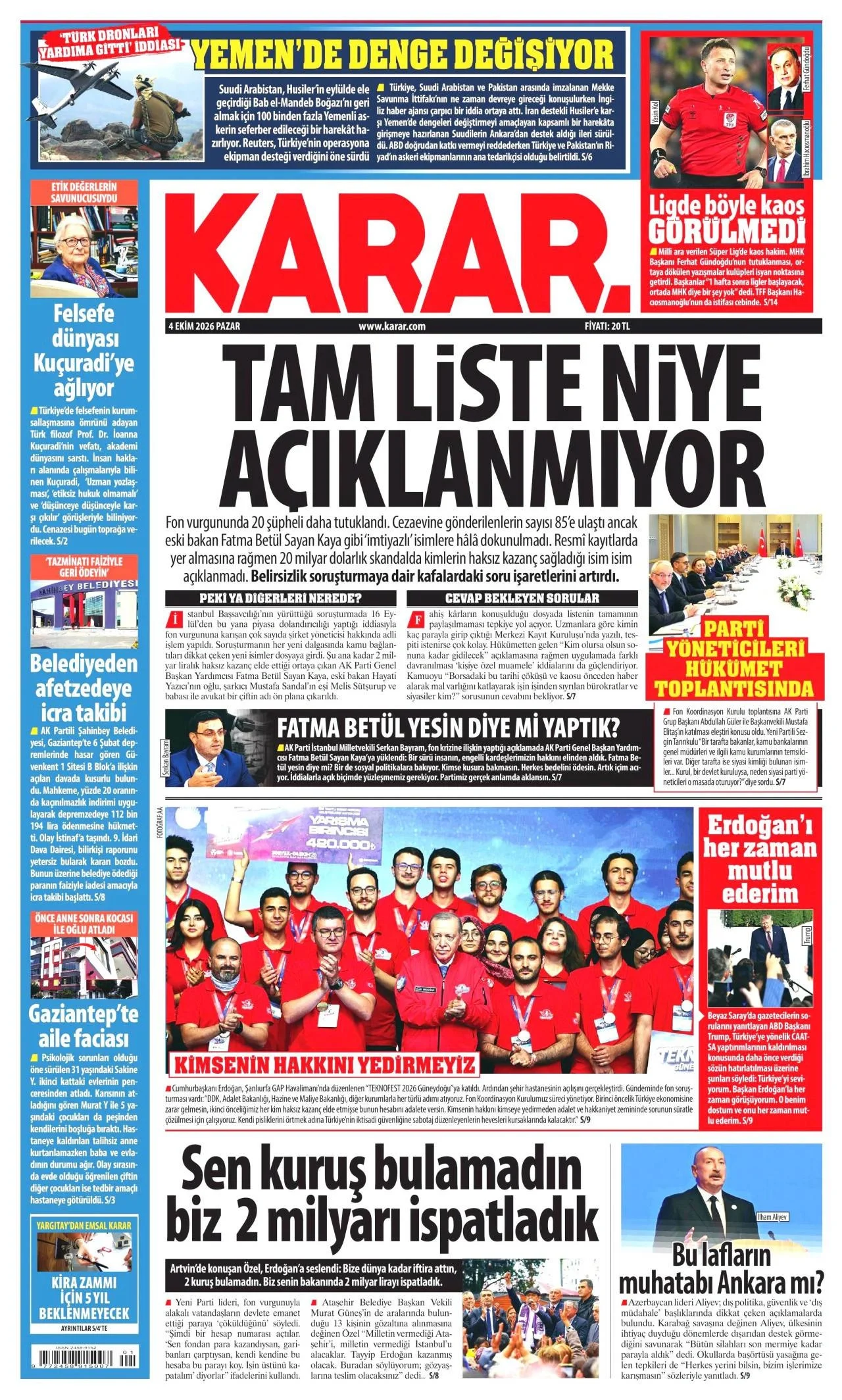 Karar Gazetesi birinci sayfası - 4 Ekim 2026