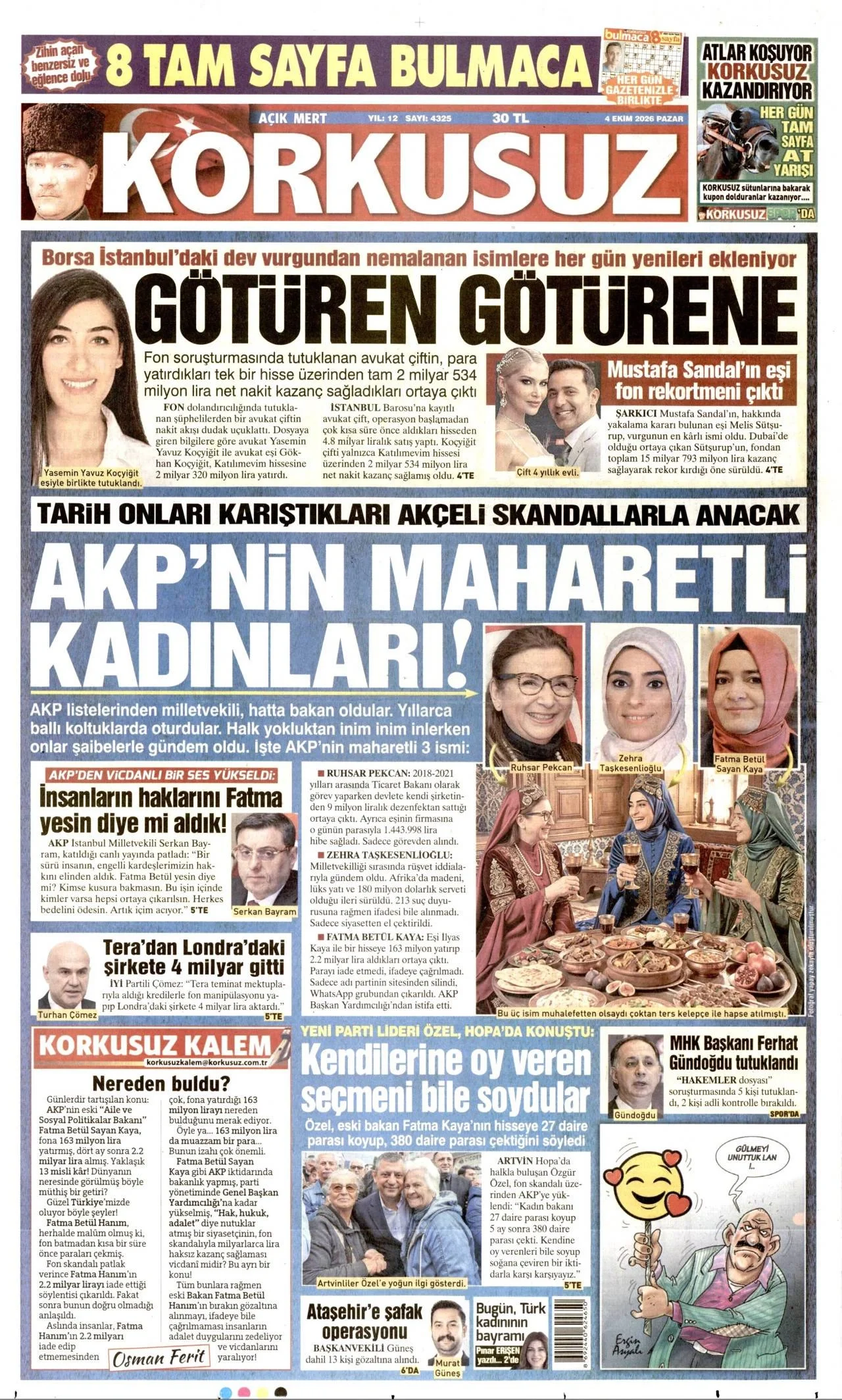 Korkusuz Gazetesi birinci sayfası - 4 Ekim 2026