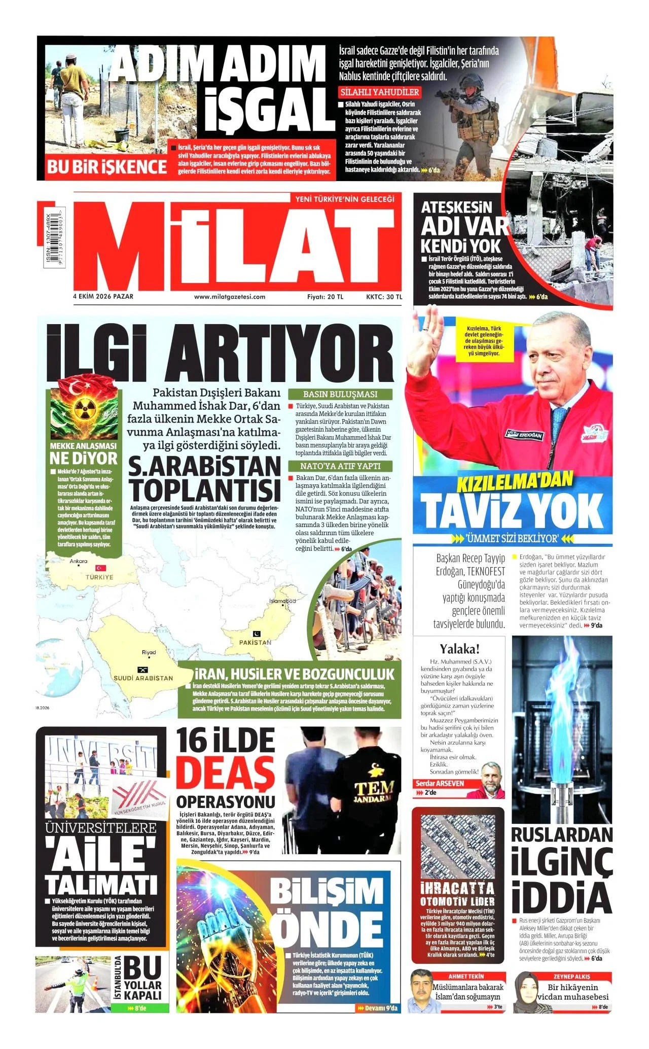 Milat Gazetesi birinci sayfası - 4 Ekim 2026