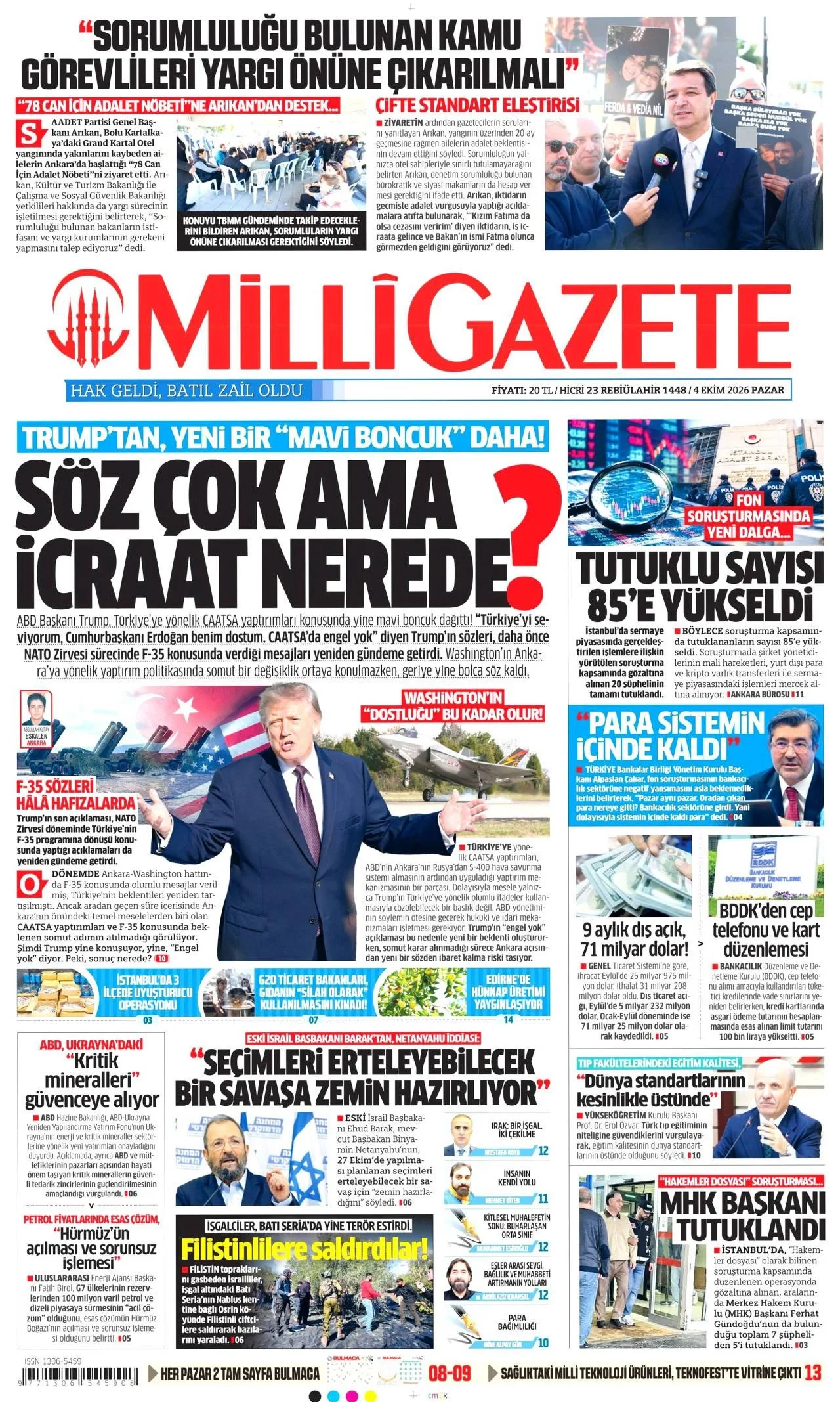 Milli Gazete - 4 Ekim 2026 günün manşeti