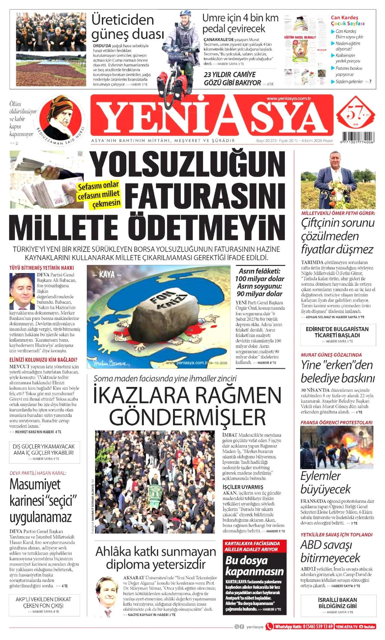 Yeni Asya Gazetesi birinci sayfası - 4 Ekim 2026