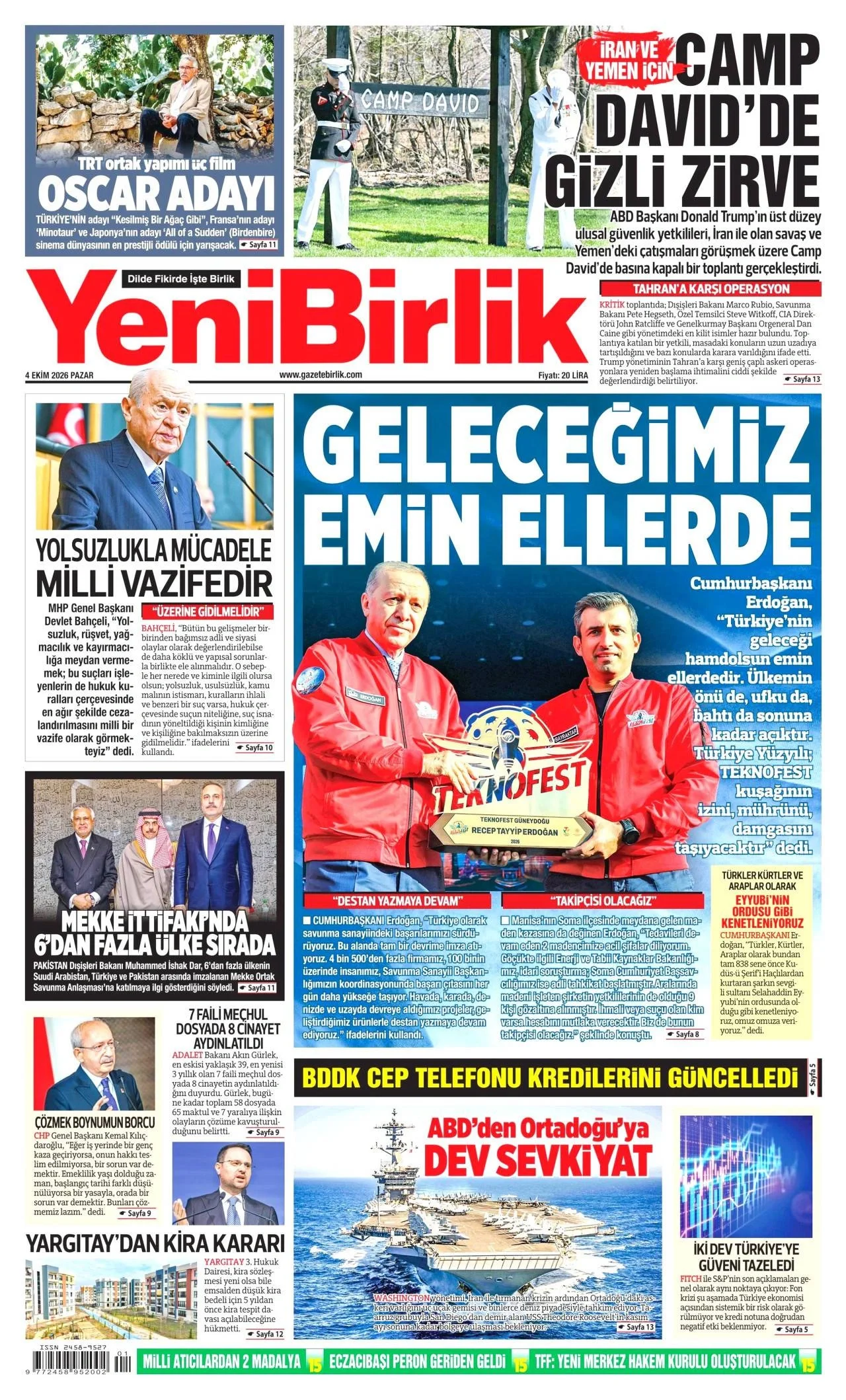 Yeni Birlik Gazetesi birinci sayfası - 4 Ekim 2026