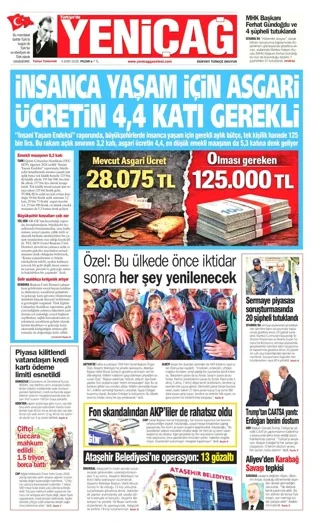 Yeniçağ Gazetesi bugünkü manşeti - 4 Ekim 2026