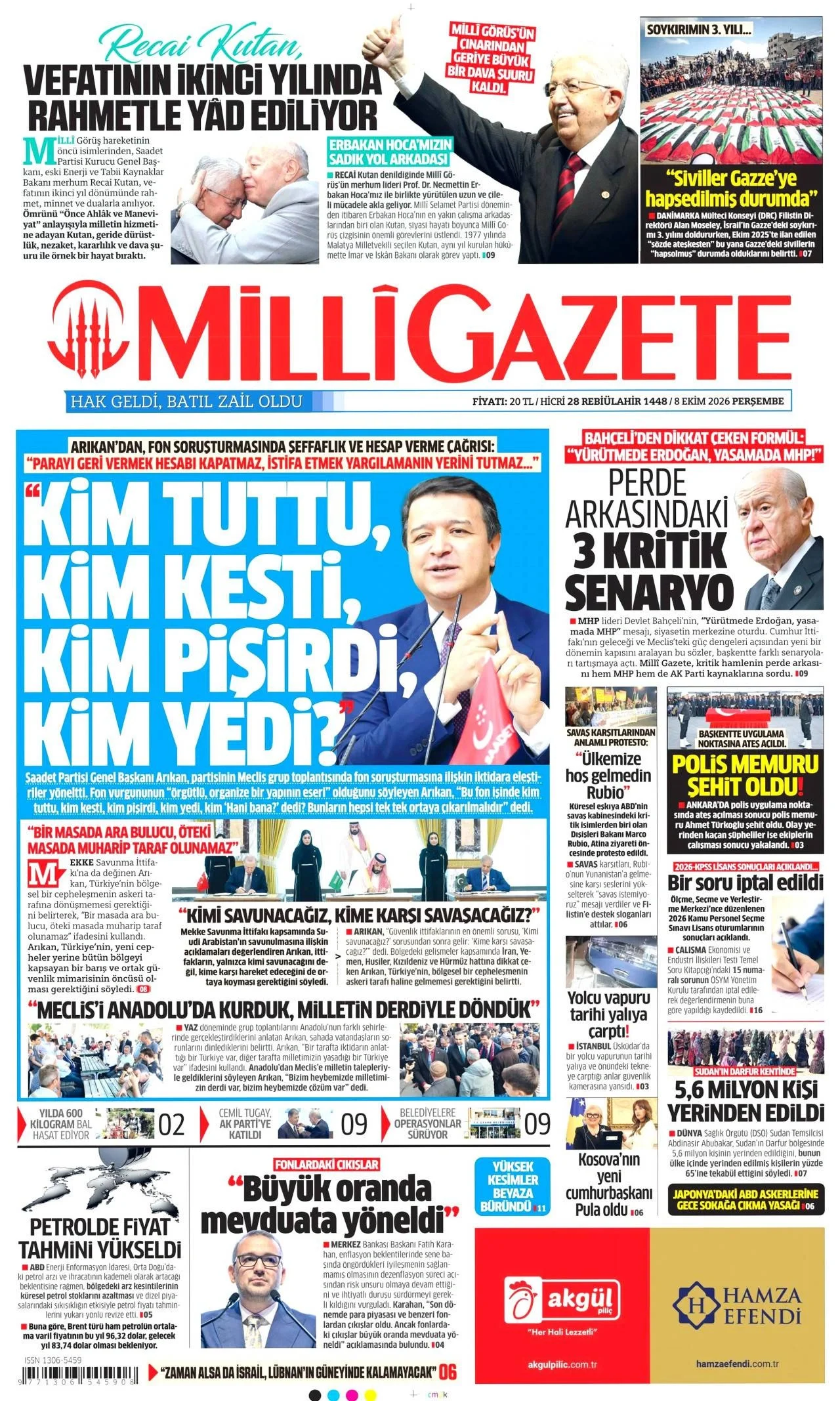 Milli Gazete - 8 Ekim 2026 günün manşeti