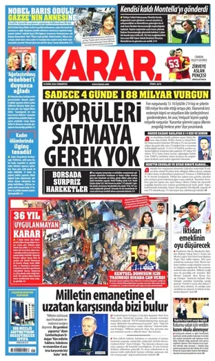Karar Gazetesi 10 Ekim 2026 günün manşeti