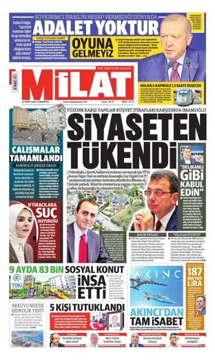 Milat Gazetesi 10 Ekim 2026 günün manşeti
