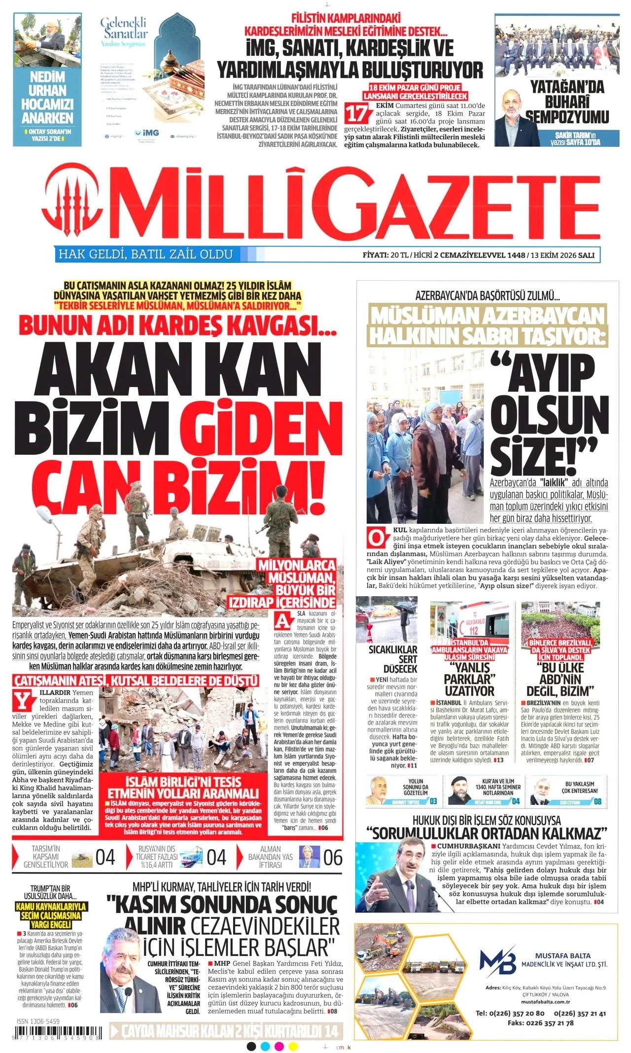Milli Gazete - 13 Ekim 2026 günün manşeti
