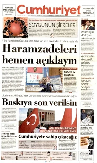 Cumhuriyet Gazetesi 14 Ekim 2026 günün manşeti
