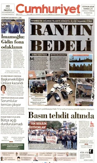 Cumhuriyet Gazetesi 16 Ekim 2026 günün manşeti