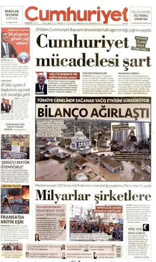 Cumhuriyet Gazetesi 19 Ekim 2026 günün manşeti