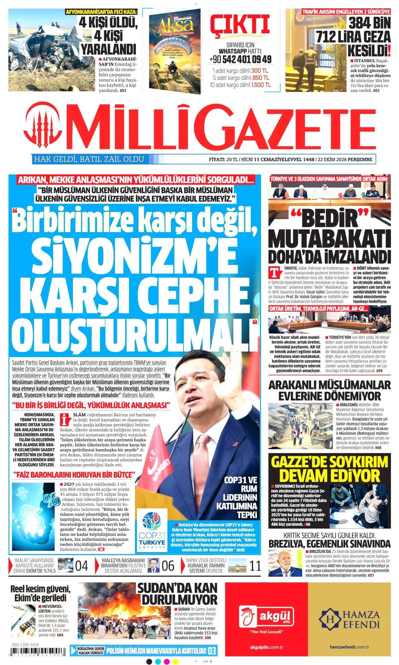 Milli Gazete - 22 Ekim 2026 günün manşeti