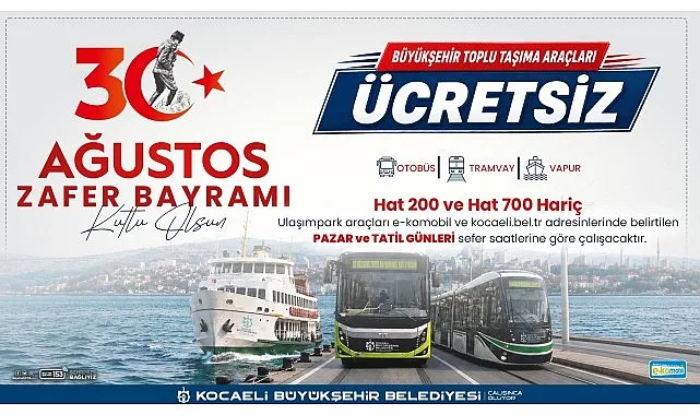 Kocaeli'de Zafer Bayramı'nda Toplu Taşıma Ücretsiz Olacak