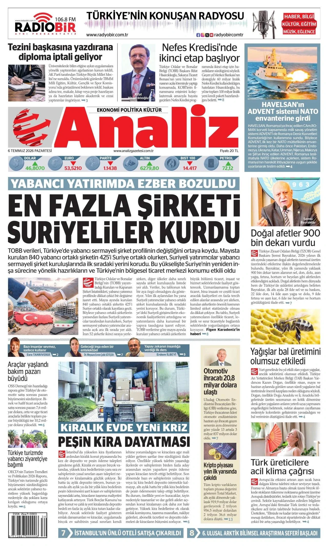 Analiz Gazetesi birinci sayfası - 6 Temmuz 2026