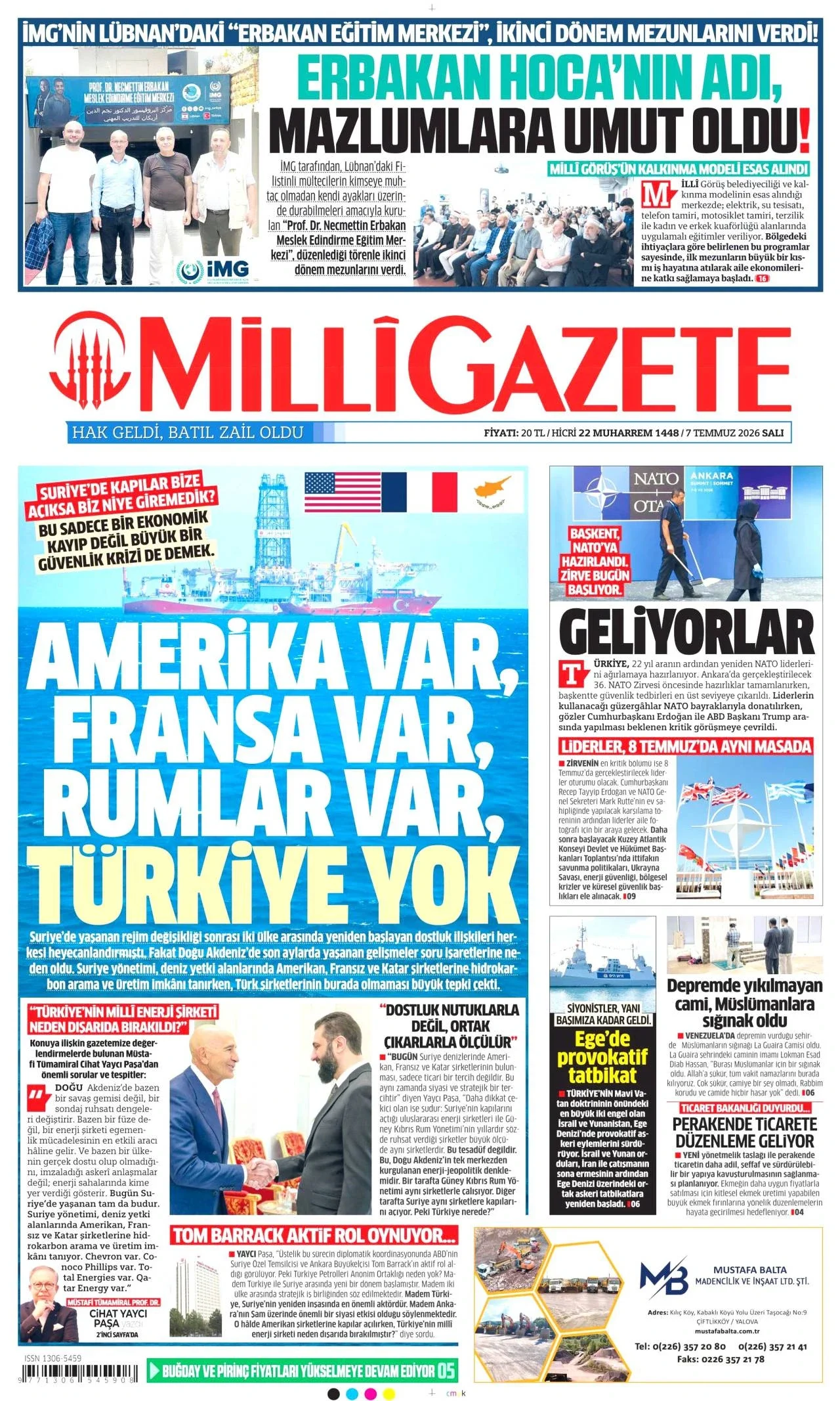 Milli Gazete - 7 Temmuz 2026 günün manşeti