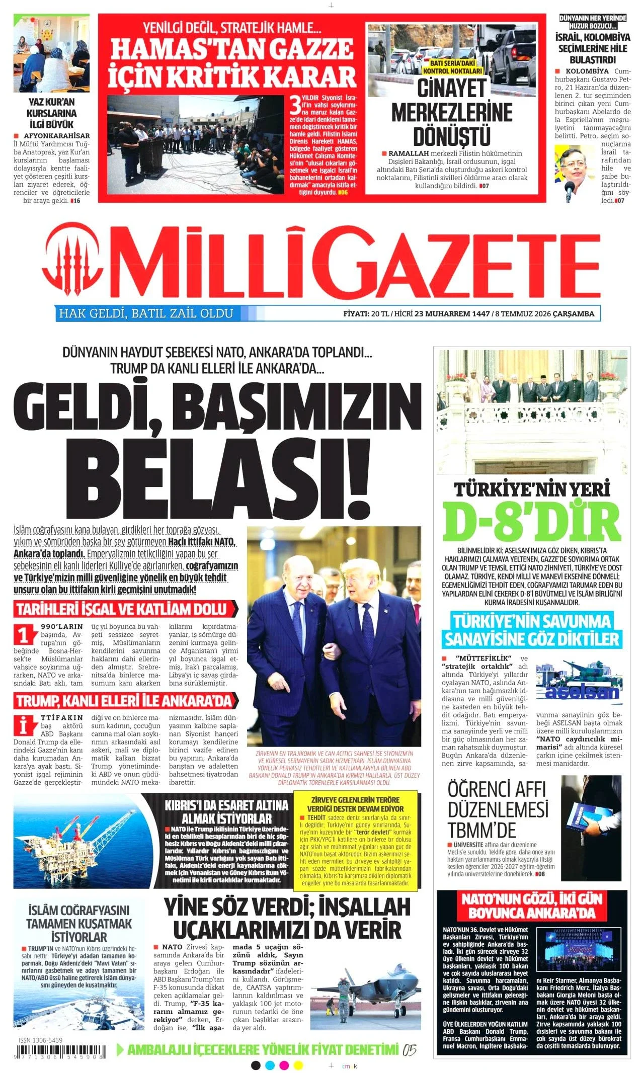 Milli Gazete - 8 Temmuz 2026 günün manşeti