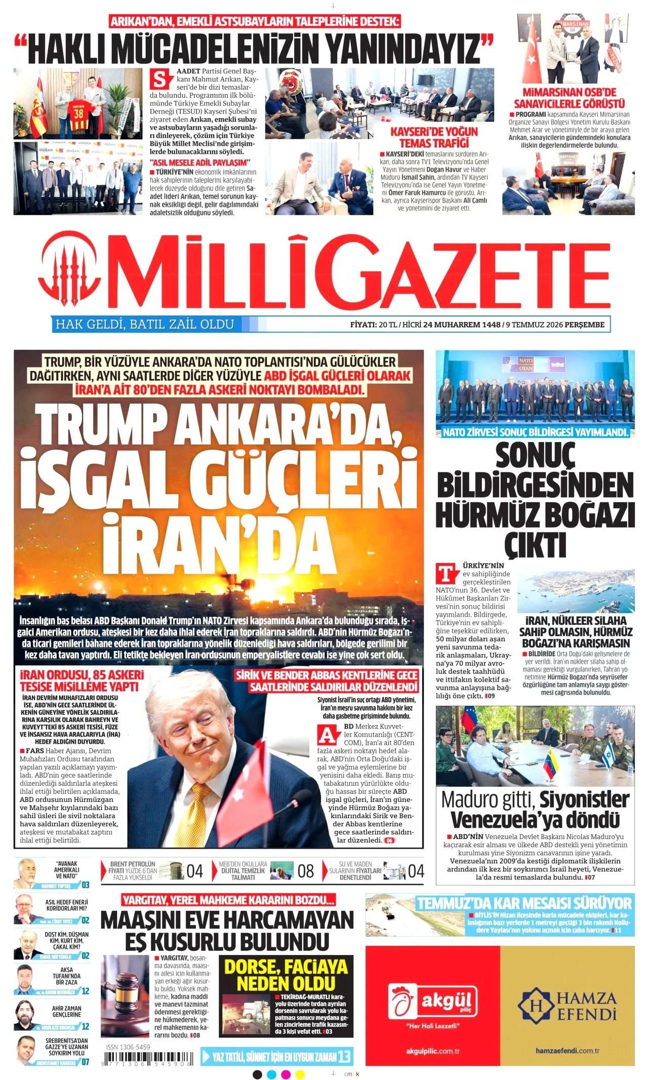 Milli Gazete - 9 Temmuz 2026 günün manşeti