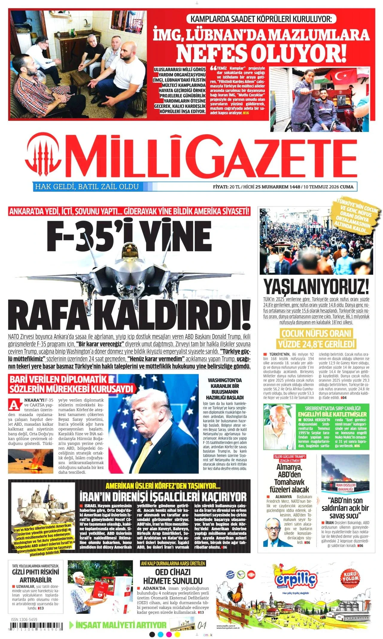 Milli Gazete - 10 Temmuz 2026 günün manşeti