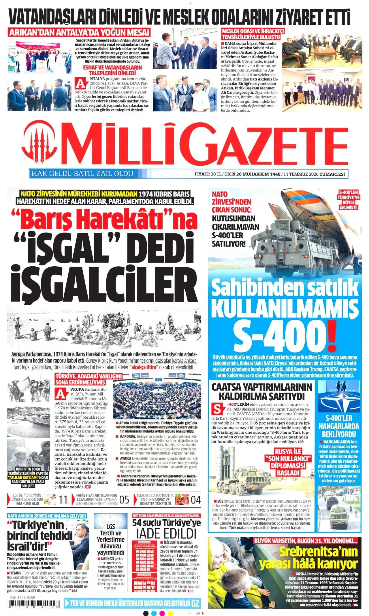 Milli Gazete - 11 Temmuz 2026 günün manşeti