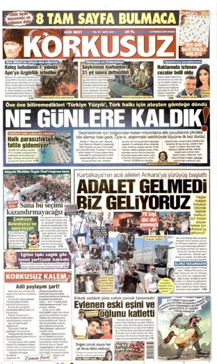 Korkusuz Gazetesi 12 Temmuz 2026 günün manşeti