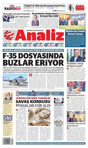 Analiz Gazetesi 14 Temmuz 2026 günün manşeti