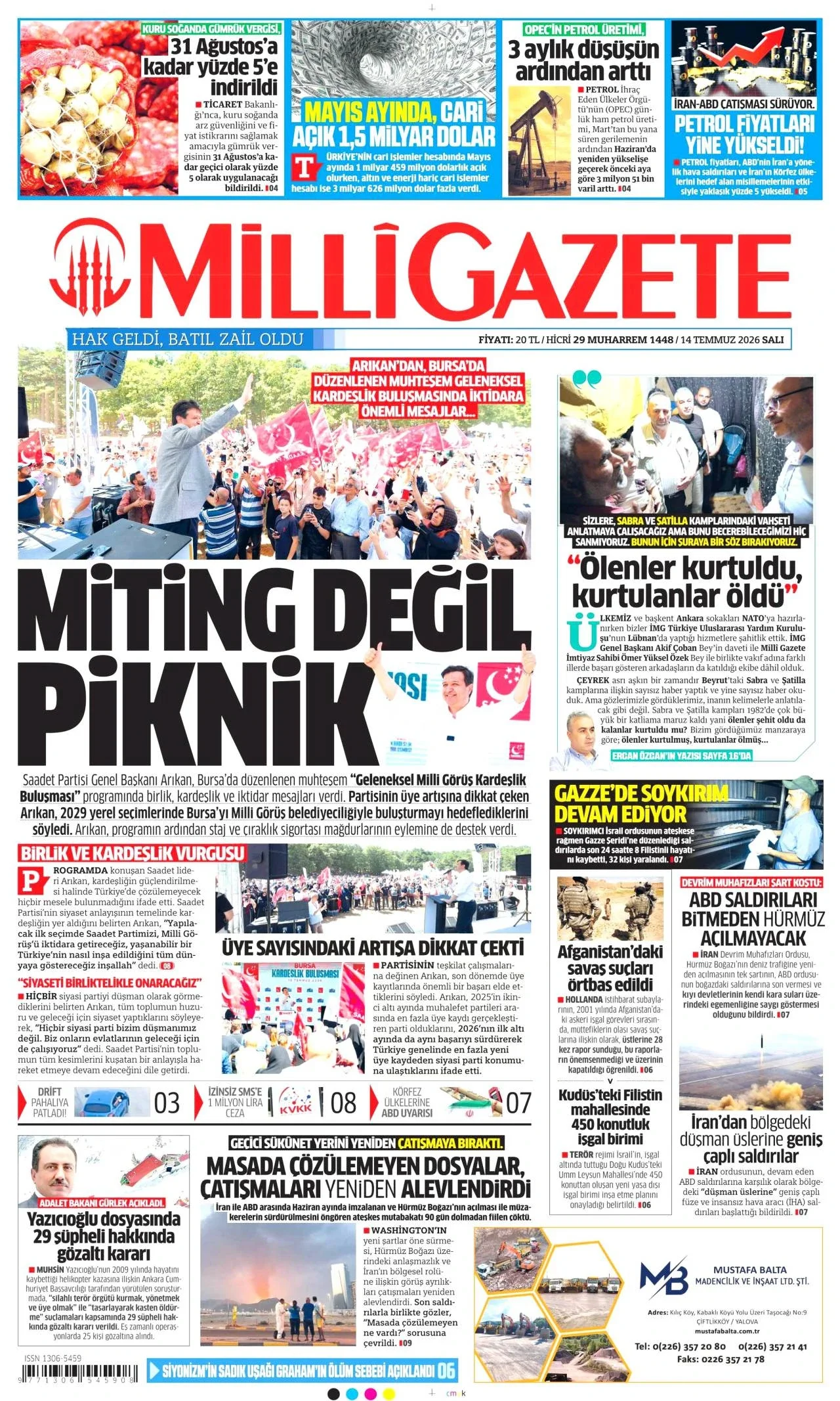 Milli Gazete - 14 Temmuz 2026 günün manşeti