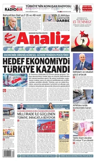 Analiz Gazetesi 15 Temmuz 2026 günün manşeti