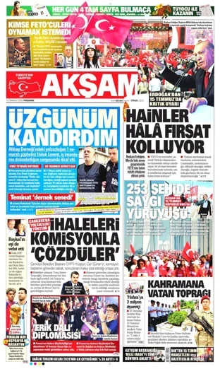 Akşam Gazetesi 16 Temmuz 2026 günün manşeti