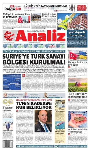 Analiz Gazetesi 16 Temmuz 2026 günün manşeti