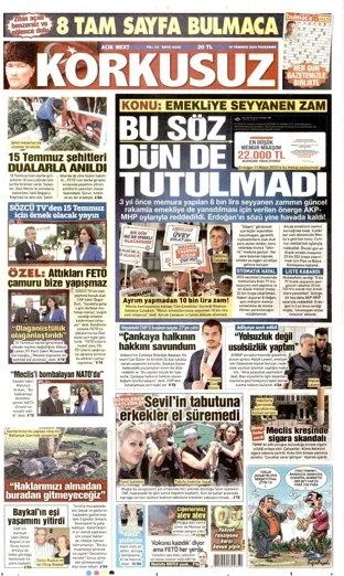 Korkusuz Gazetesi 16 Temmuz 2026 günün manşeti