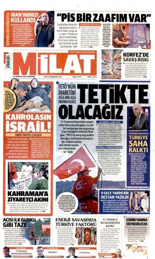 Milat Gazetesi 16 Temmuz 2026 günün manşeti