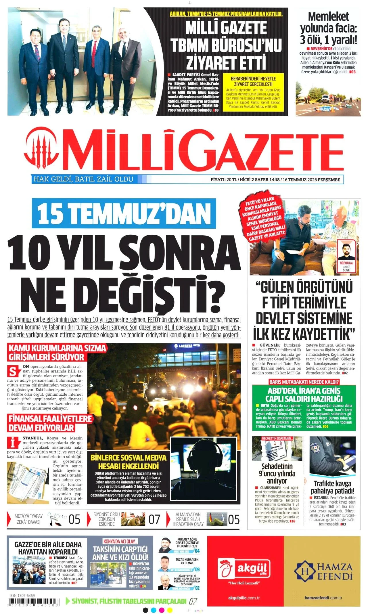 Milli Gazete - 16 Temmuz 2026 günün manşeti