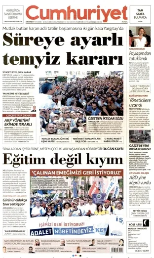 Cumhuriyet Gazetesi 18 Temmuz 2026 günün manşeti