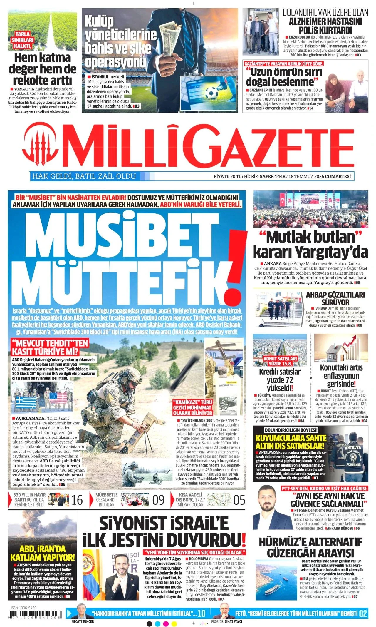 Milli Gazete - 18 Temmuz 2026 günün manşeti