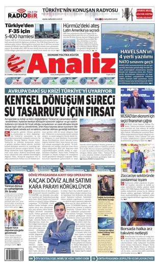 Analiz Gazetesi 20 Temmuz 2026 günün manşeti
