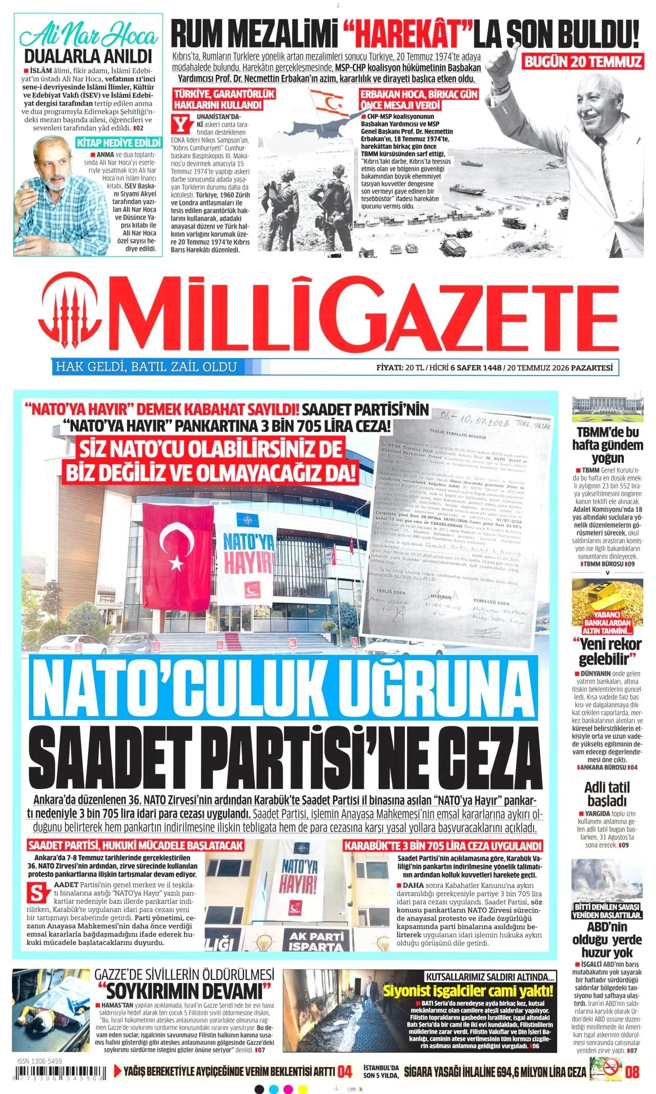 Milli Gazete - 20 Temmuz 2026 günün manşeti