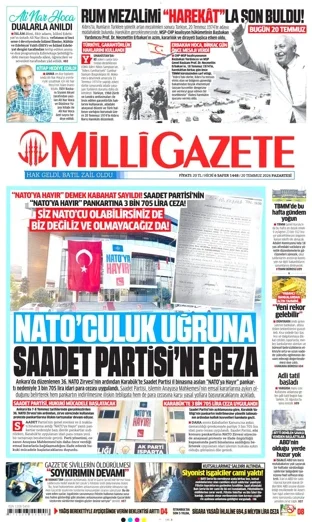 Milli Gazete 20 Temmuz 2026 günün manşeti
