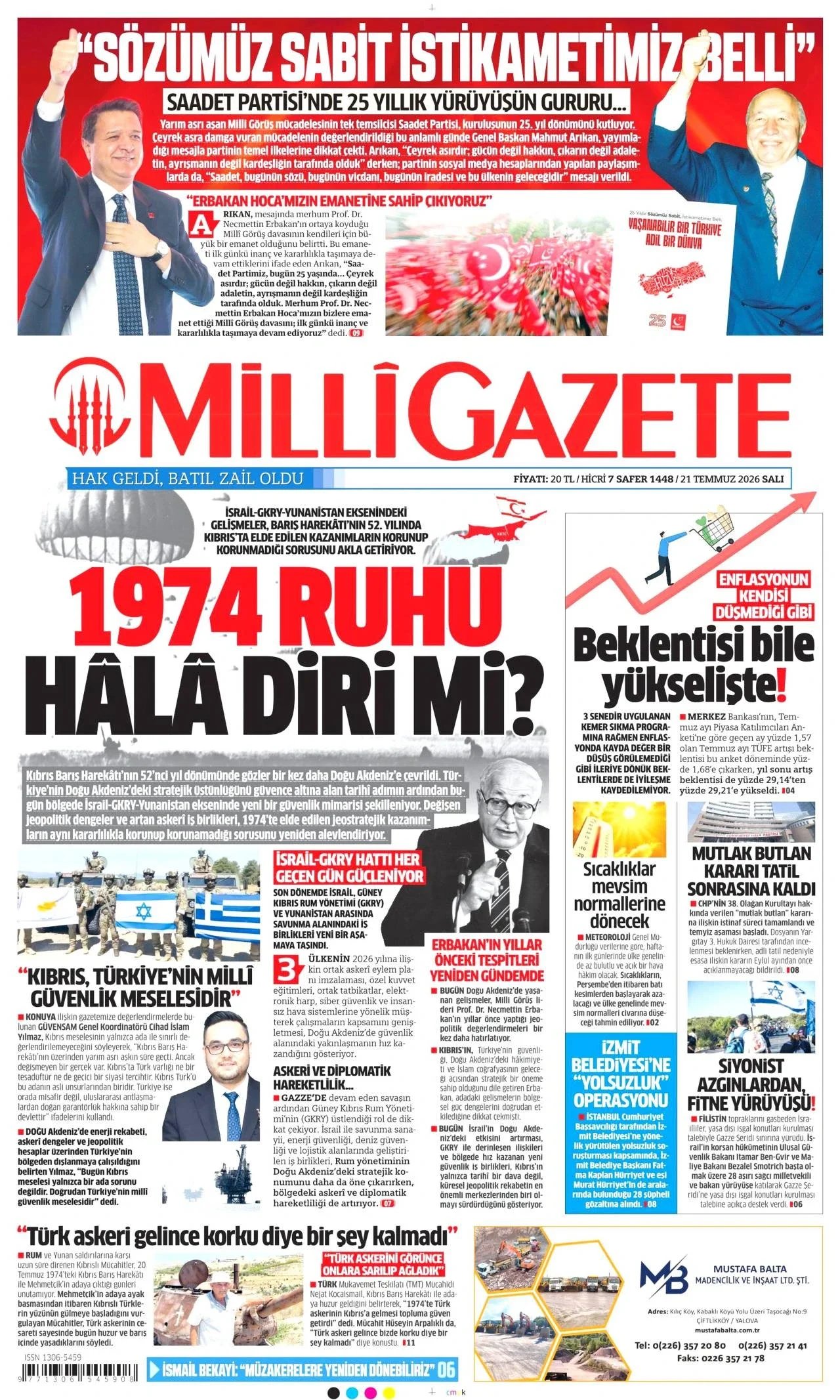 Milli Gazete - 21 Temmuz 2026 günün manşeti