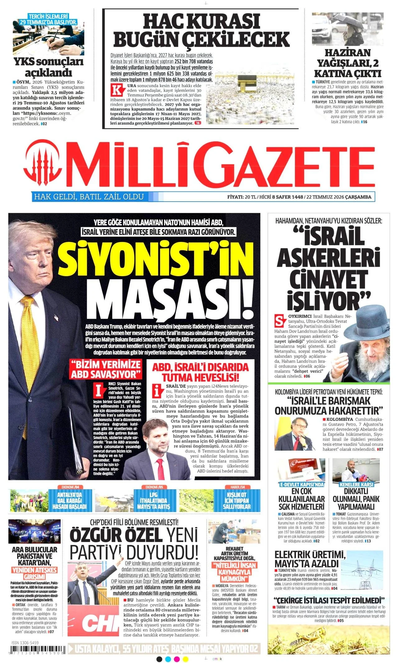 Milli Gazete - 22 Temmuz 2026 günün manşeti