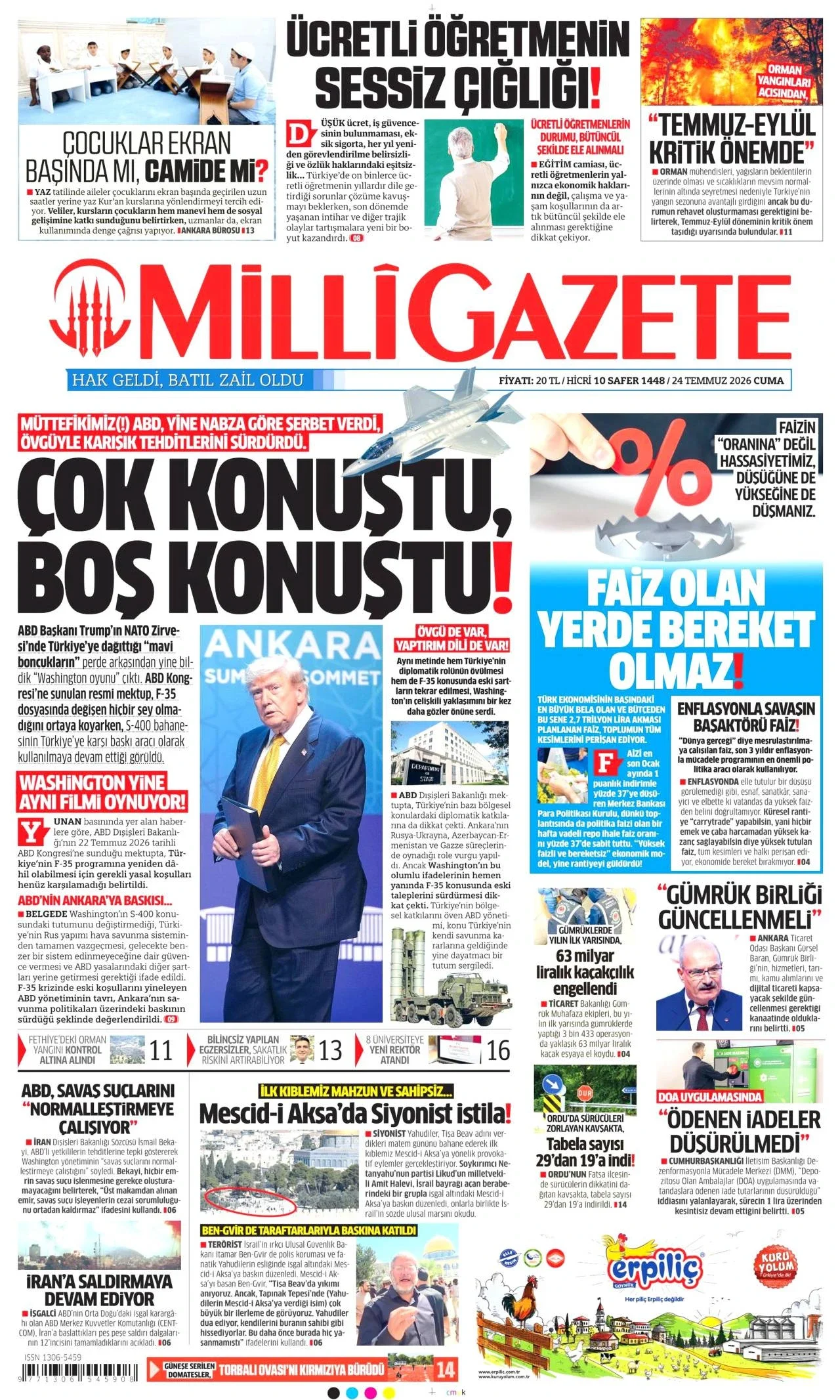Milli Gazete - 24 Temmuz 2026 günün manşeti