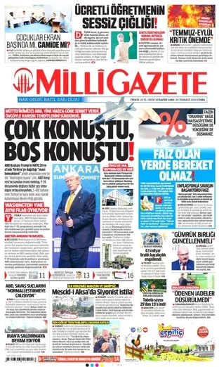 Milli Gazete 24 Temmuz 2026 günün manşeti