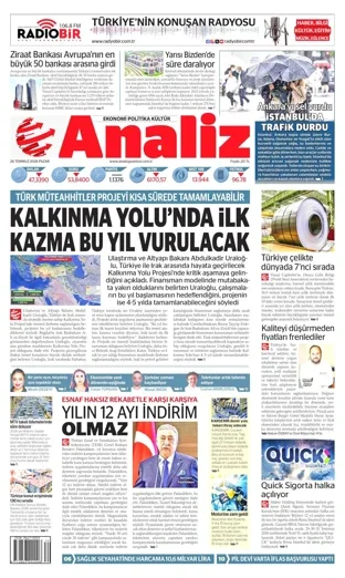 Analiz Gazetesi 26 Temmuz 2026 günün manşeti
