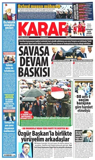 Karar Gazetesi 26 Temmuz 2026 günün manşeti