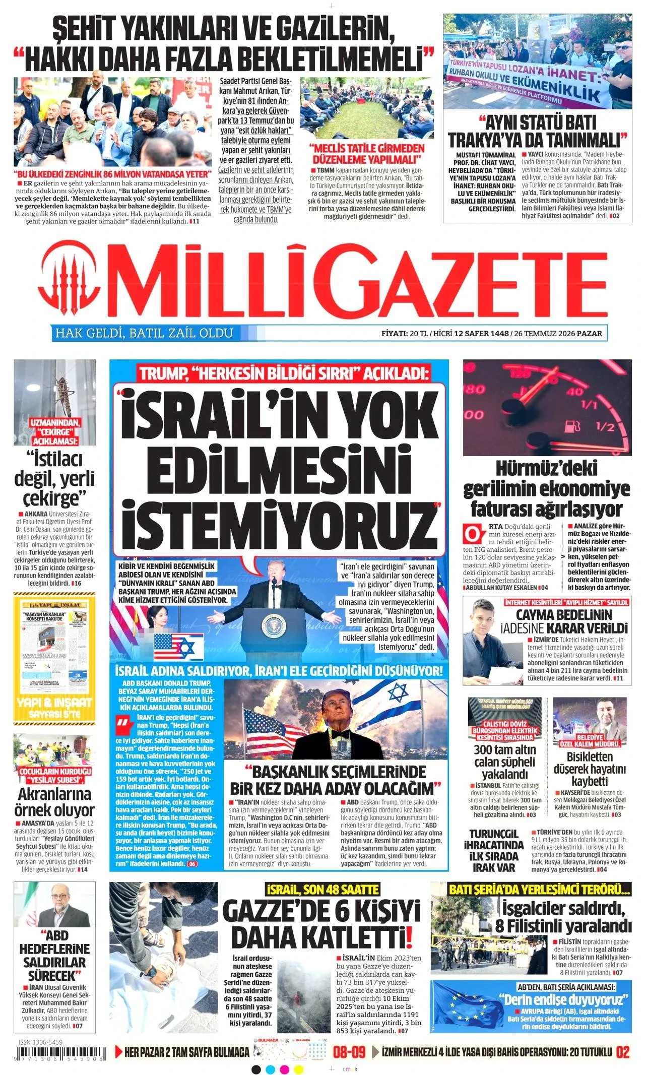 Milli Gazete - 26 Temmuz 2026 günün manşeti